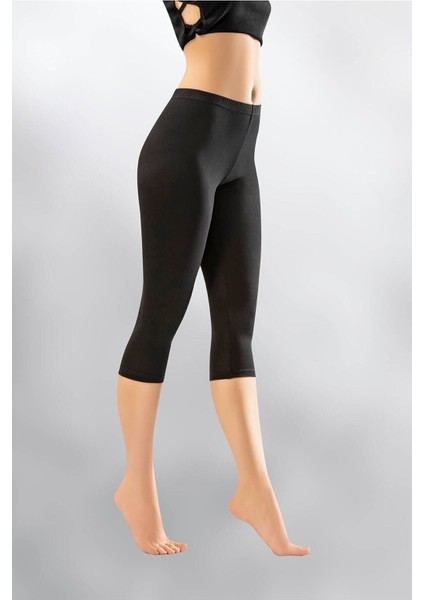 Kadın Siyah Penye Elastan Düz Desensiz Yüksek Bel Dizaltı Kapri Tayt