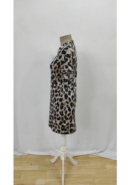 Kadın Kısa Kollu Yakalı Leopar Desenli Süprem Elbise