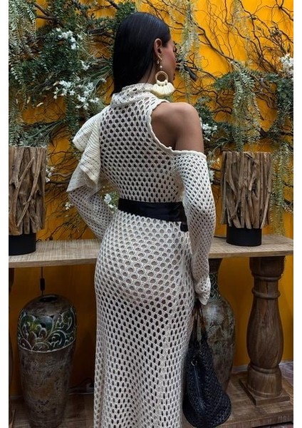 Saten Kuşaklı Ajurlu Triko Elbise 2847 fırsatları