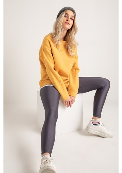 Kadın Antrasit Gri Yüksek Bel,günlük ve Sporda Kullanım Iç Göstermez Toparlayıcı Parlak Disco Tayt