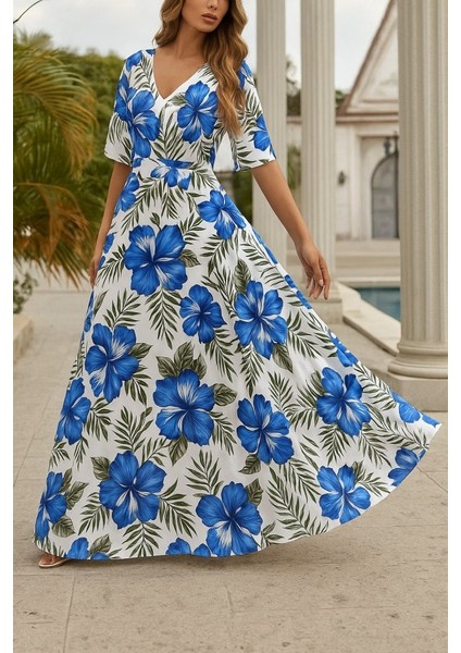 Kadın Kısa Kollu V Yakalı Desenli Süprem Elbise