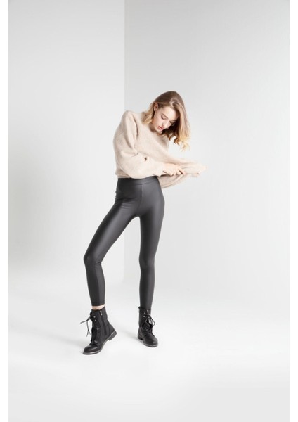 Kömür - Dışı Mat Deri Içi Polarlı Yıkanabilir Düz 7/8 Boy Siyah Tayt - 20013 modelleri