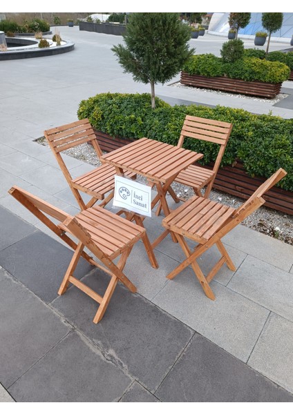 Ahşap Balkon Bahçe Mutfak Katlanır Masa Sandalye Takımı 5 Li Bistro Set Koruma Vernikli Piknikte