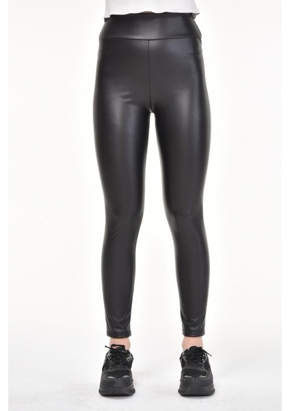 Siyah Içi Peluş Tüylü Yüksek Bel Deri Tayt