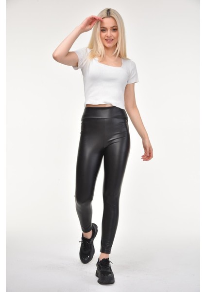 Siyah Içi Peluş Tüylü Yüksek Bel Deri Tayt indirimleri