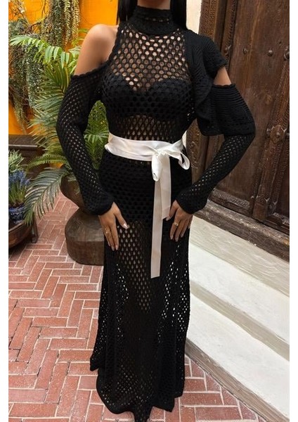 Saten Kuşaklı Ajurlu Triko Elbise 2847