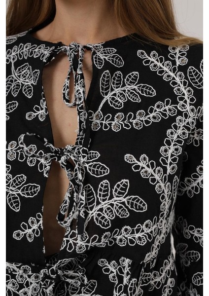 Fiyonk Bağlamalı Brode Bluz - Siyah fırsatları