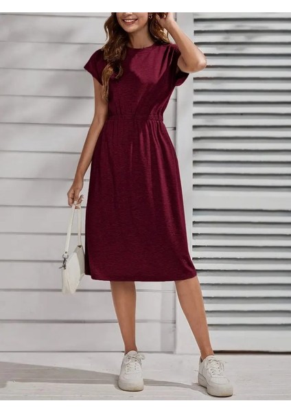 Kadın Kısa Kollu Bisiklet Yaka Belden Lastikli Midi Viskon Elbise