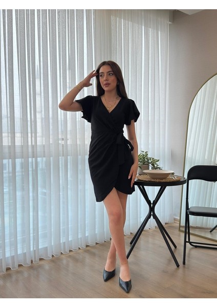 Kadın Kısa Kollu Kruvaze Yakalı Belden Bağlamalı Ithal Krep Elbise