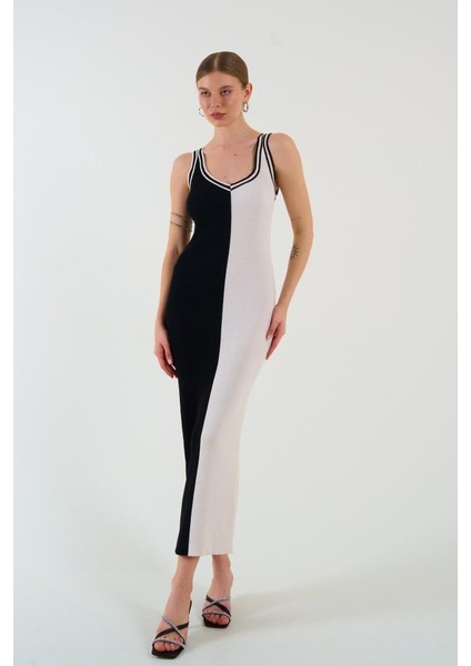 Iki Renki Kolsuz Elbise - Siyah-Krem