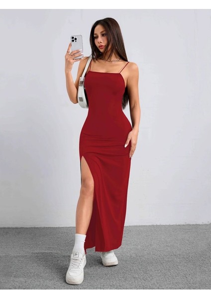 Kadın Ip Askılı Yandan Yırtmaçlı Janjan Krep Elbise