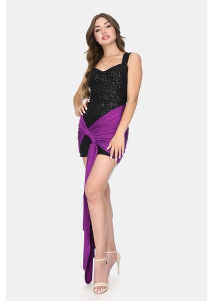 Siyah Payet Fuşya Drape Detaylı Kuşaklı Mini Elbise fiyatları