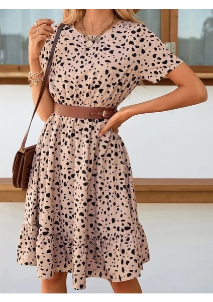 Kadın Kısa Kollu Bisiklet Yaka Desenli Süprem Elbise indirimleri