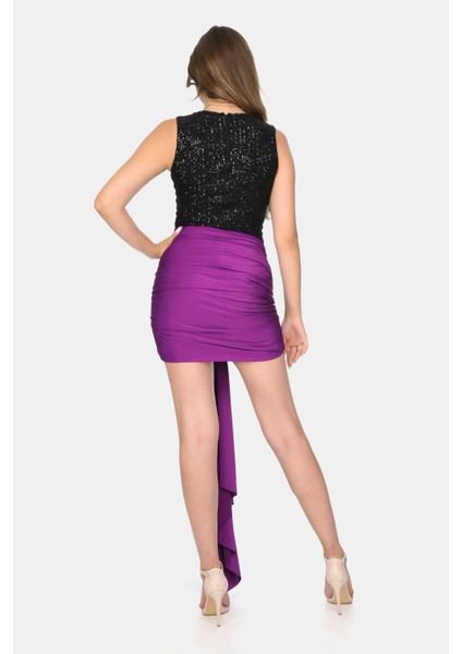 Siyah Payet Fuşya Drape Detaylı Kuşaklı Mini Elbise