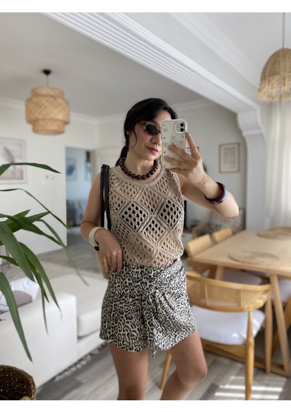 Kadın Askılı Yuvarlak Yaka Geometrik Desenli Triko Bluz