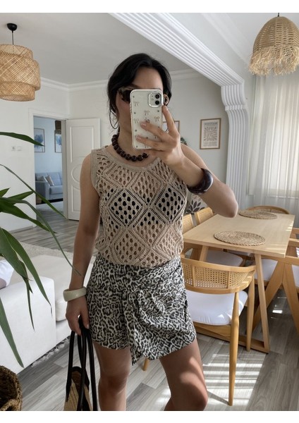 Kadın Askılı Yuvarlak Yaka Geometrik Desenli Triko Bluz