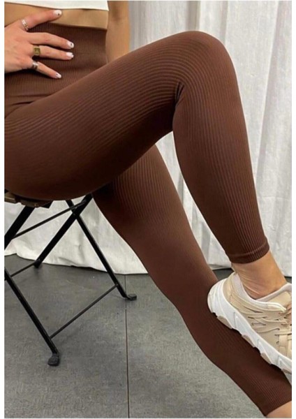 Fitilli Seamless Çizgili Tayt Yüksek Bel Dayanıklı Örme Kumaş Spor Tayt Toparlayıcı