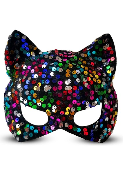 Siyah Kadife Kumaş Üzerine Rengarenk Payetli Pullu Parti Maskesi 16X14 cm