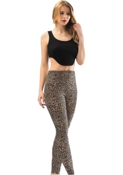 Kadın Leopar Desenli Uzun Pamuklu Penye Tayt fırsatları