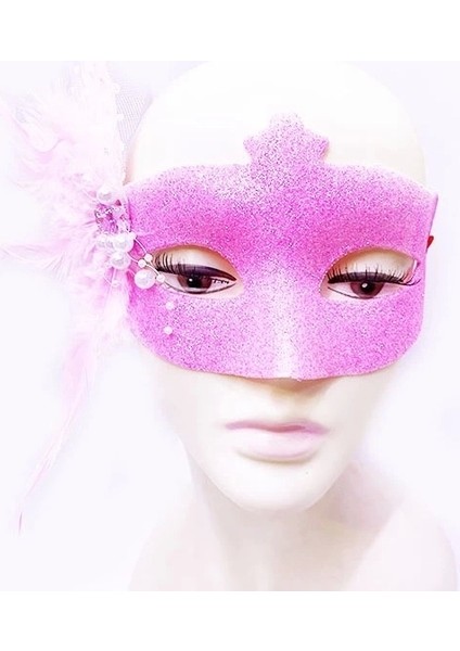 Sim Işlemeli Inci Boncuk Detaylı Tüylü Balo Maskesi Pembe Renk 13X18 cm