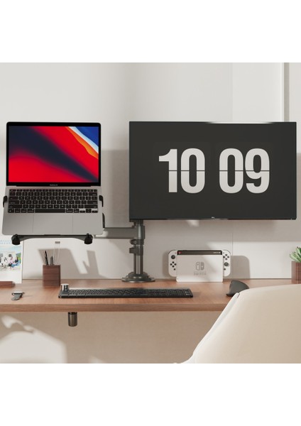 Nb H180-FP Çift Kol Amortisörlü 17"-27" Monitör Tutucu ve 10"-17" Laptop Standı