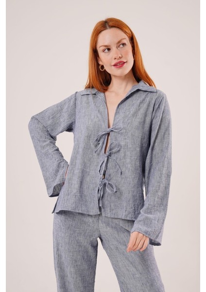 Ön Bağlama Detaylı Pantolon ve Gömlek Indigo Ikili Takım