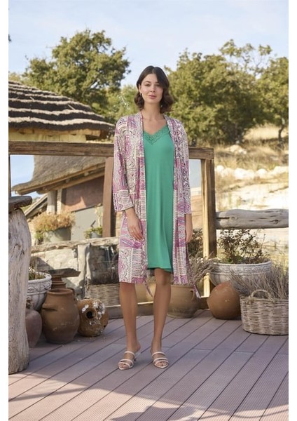 Monamise Etnik Deseni ve Dantelli Sabahlık Takımı