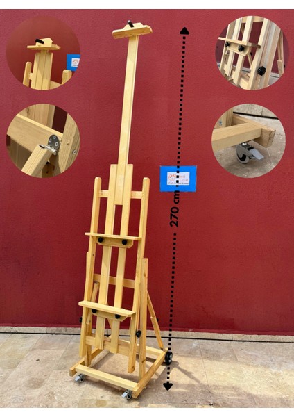 Multi Fonksiyon Profesyonel Ahşap Büyük Boy Tekerlekli Şövale Üstad H Tipi 270CM Yatay Katlanabilir