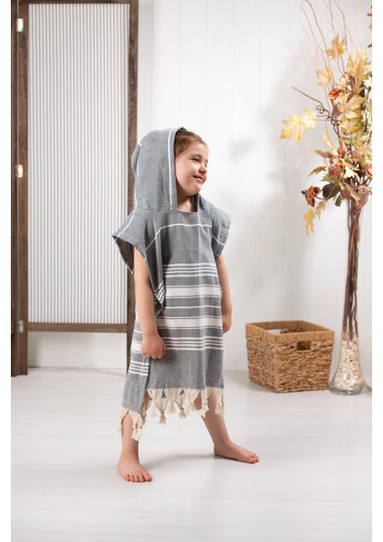 Pamuklu Peştemal Panço, Banyo ve Plaj Için Çocuk Bornozu Gri