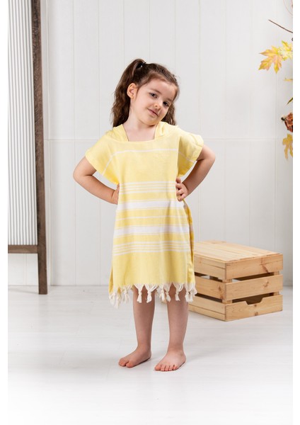 Pamuklu Peştemal Panço, Banyo ve Plaj Için Çocuk Bornozu Sarı