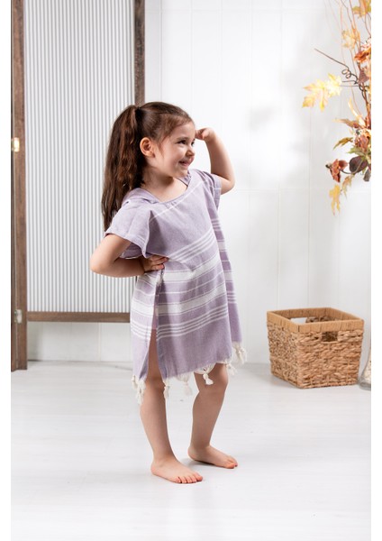 Pamuklu Peştemal Panço, Banyo ve Plaj Için Çocuk Bornozu Lila