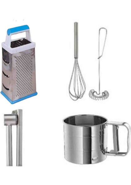 5 Parça, Paslanmaz Çelik Çırpıcı, Sarımsak Ezici ve Un Eleği