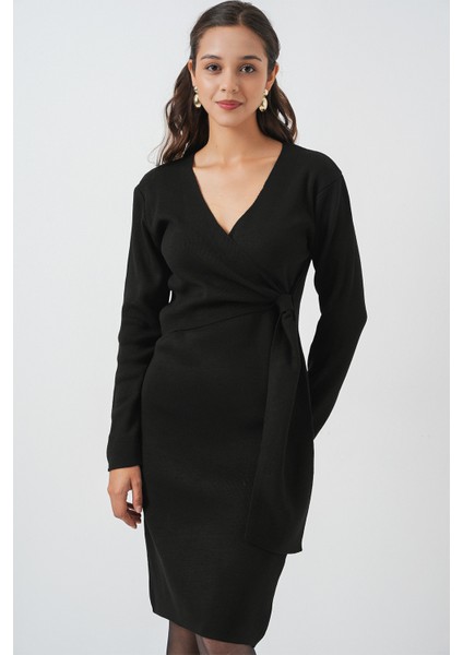 Kadın Kruvaze Yaka Triko Elbise 15928 - Siyah