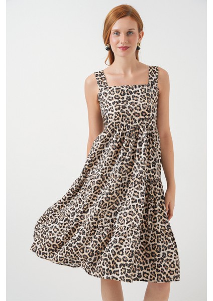 Kadın Desenli Askılı Midi Elbise 2577 - C. Kahverengi