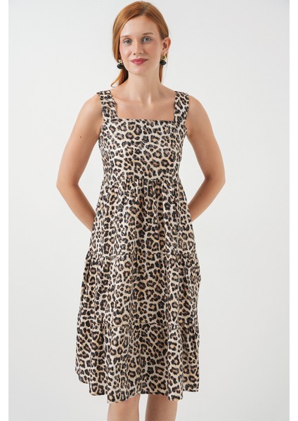 Kadın Desenli Askılı Midi Elbise 2577 - C. Kahverengi fırsatları