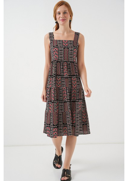 Kadın Desenli Askılı Midi Elbise 2577 - Siyah fiyatları