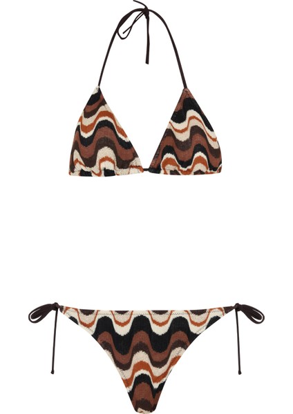 Kahverengi Desenli Triko Üçgen Bikini