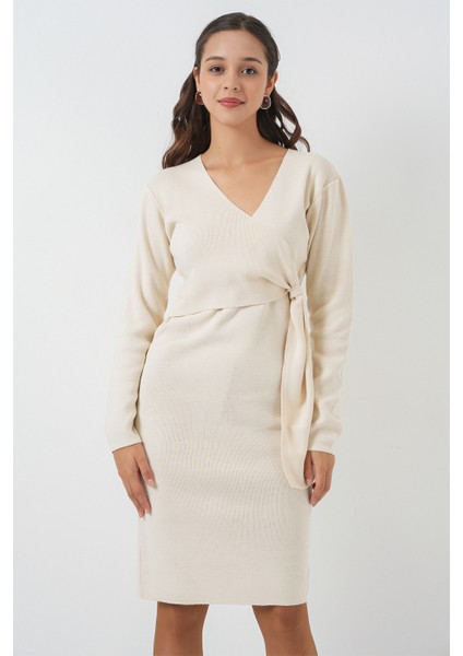 Kadın Kruvaze Yaka Triko Elbise 15928 - Ekru