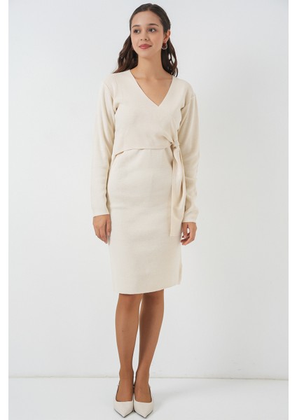 Kadın Kruvaze Yaka Triko Elbise 15928 - Ekru fiyatları