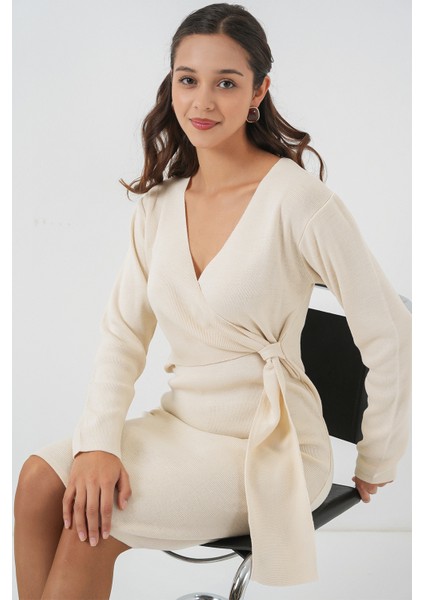 Kadın Kruvaze Yaka Triko Elbise 15928 - Ekru modelleri