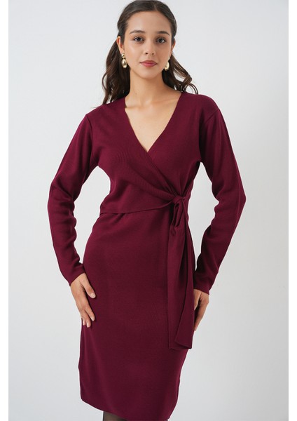 Kadın Kruvaze Yaka Triko Elbise 15928 - Bordo