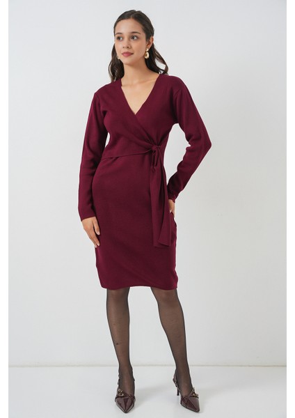 Kadın Kruvaze Yaka Triko Elbise 15928 - Bordo fiyatları