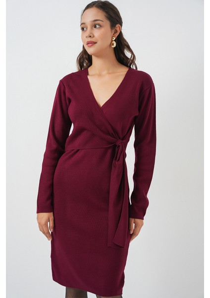 Kadın Kruvaze Yaka Triko Elbise 15928 - Bordo fırsatları
