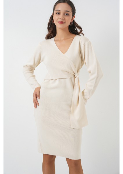 Kadın Kruvaze Yaka Triko Elbise 15928 - Ekru fırsatları