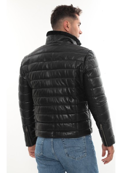 DERiMONTAYA Hakiki Kuzu Deri Yakası Kürklü Siyah Şişme Mont Ceket fiyatları