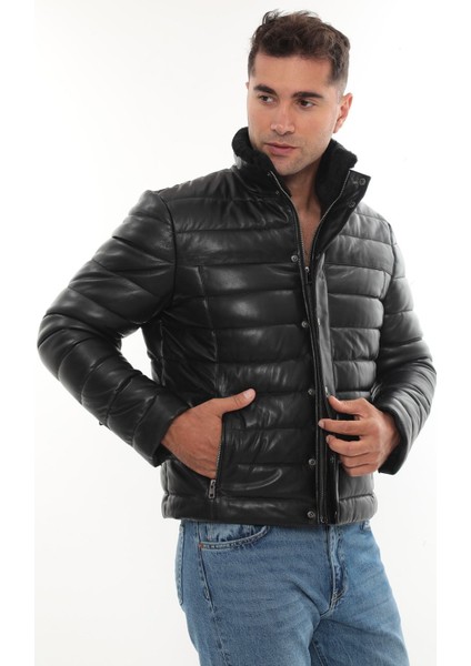 DERiMONTAYA Hakiki Kuzu Deri Yakası Kürklü Siyah Şişme Mont Ceket modelleri