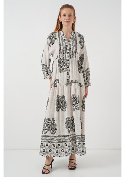 Kadın Desenli Uzun Tesettür Elbise 2585 - Taş