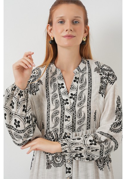 Kadın Desenli Uzun Tesettür Elbise 2585 - Taş fiyatları