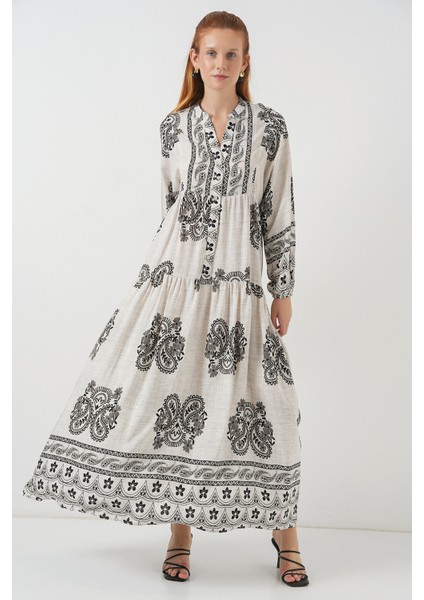 Kadın Desenli Uzun Tesettür Elbise 2585 - Taş modelleri