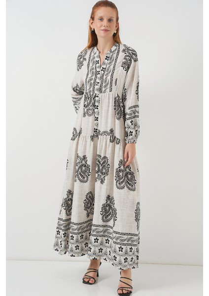 Kadın Desenli Uzun Tesettür Elbise 2585 - Taş fırsatları